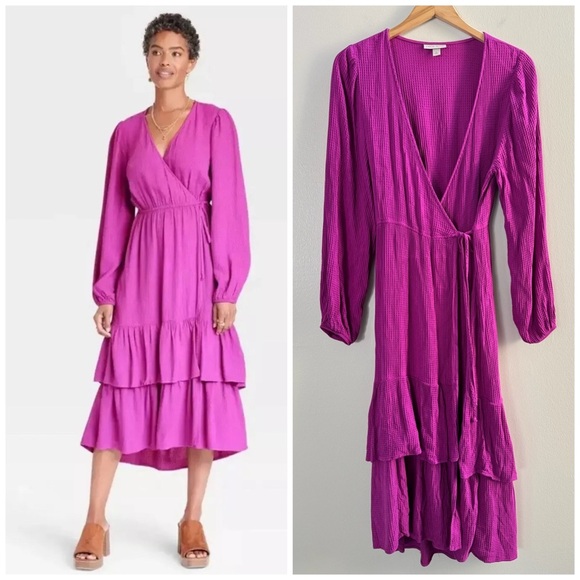 Knox Rose Magenta Fuchsia Wrap V-Neck Midi Ruffle Dress - Picture 1 of 9